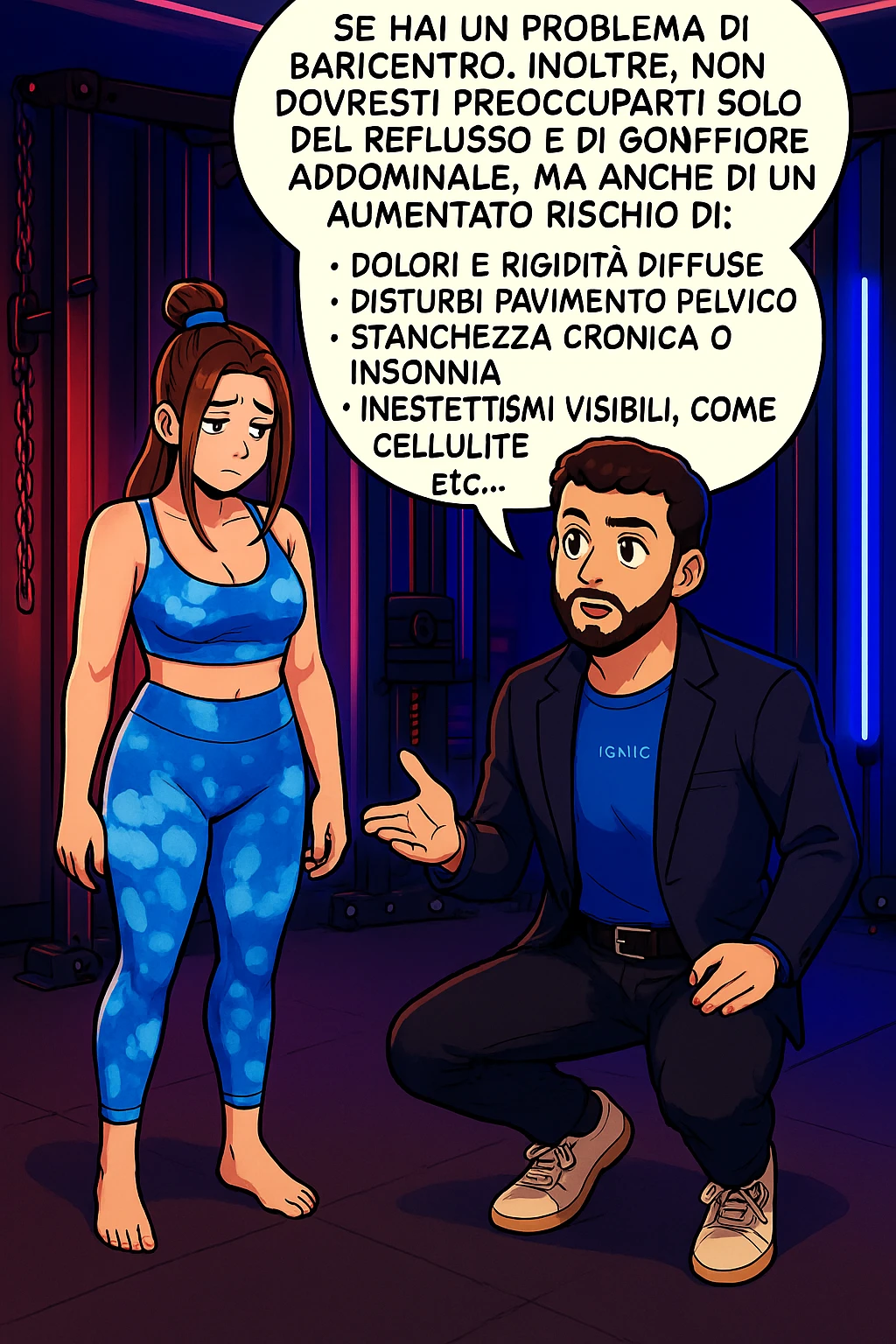 TRASFORMA QUESTO CAROSELLO IN UN FUMETTO STILE WEBTOON/MANGA A COLORI CON QUESTE DUE PERSONE IDENTICHE CHE INTERLOQUISCONO TRA LORO, L'uomo sta spiegando alla donna questo concetto:

Se hai un problema di baricentro, inoltre, non dovresti preoccuparti solo del reflusso e del gonfiore addominale, ma anche di un aumentato rischio di:
    • dolori e rigidità diffuse
    • disturbi pavimento pelvico
    • stanchezza cronica o insonnia
    • inestetismi visibili, come celluluite
    • etc… emoji
