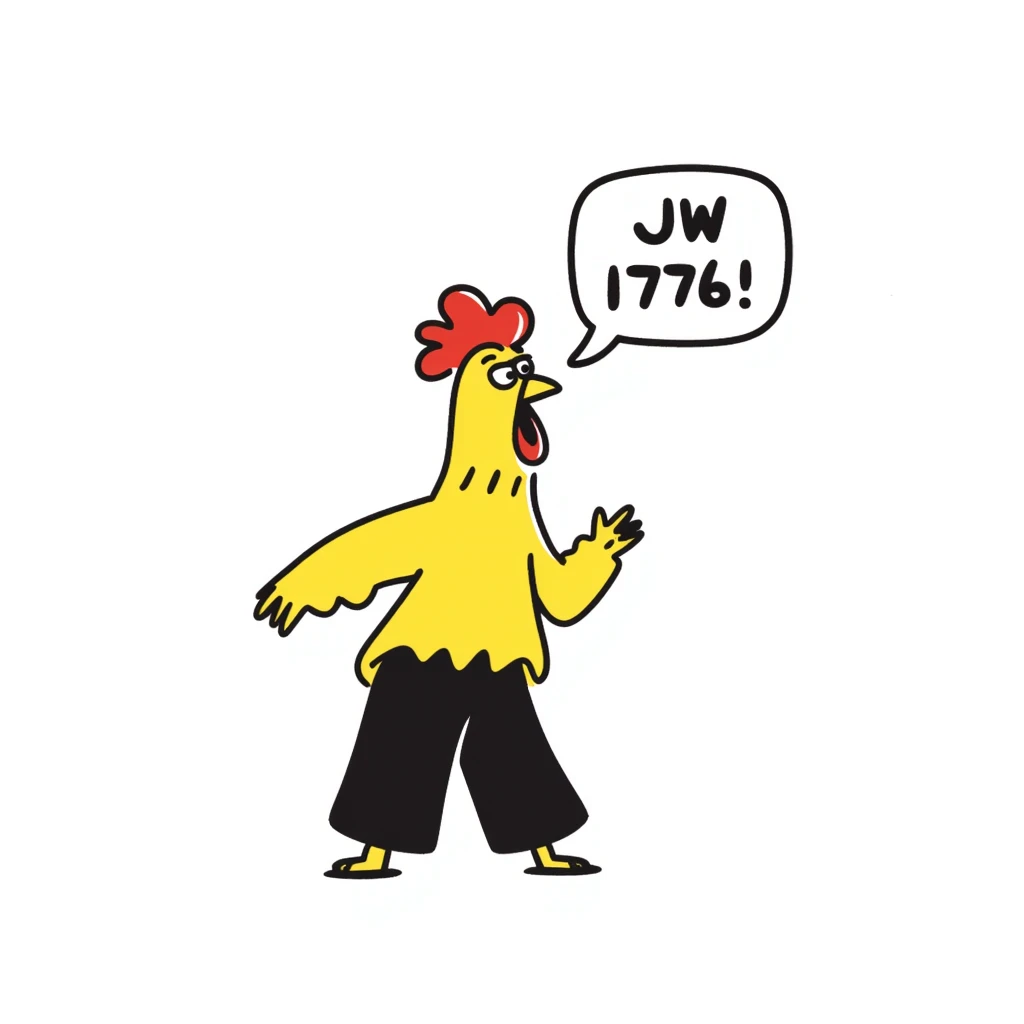 shouting yellow long neck chicken with the words 'JW 1776' in a speech bubble emoji