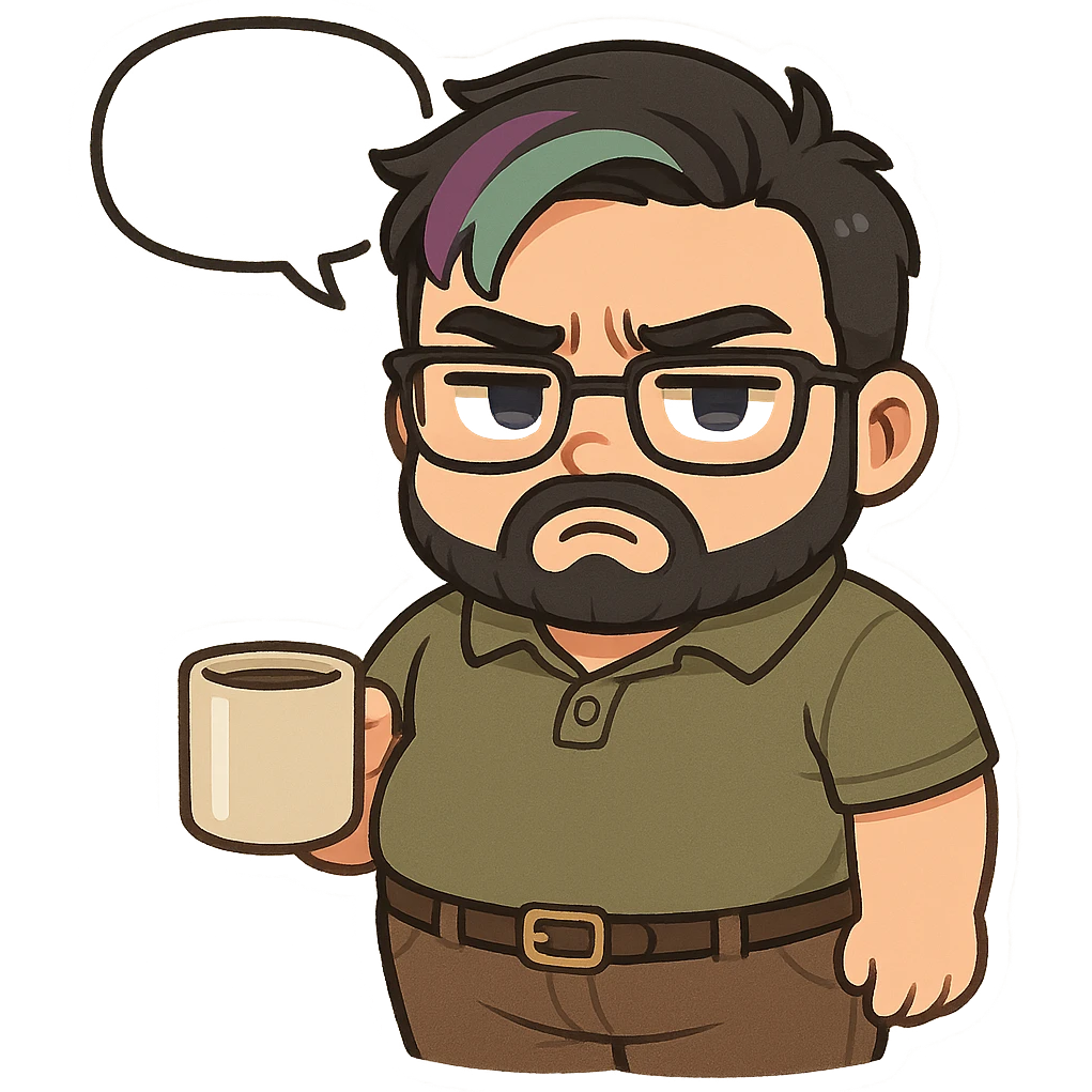 A realism art illustration art style of handsome plus-size man with black hair and a purple to green ombre streak, black beard, blue eye, glasses, dressed like a dad, holding a coffee mug, blank speech bubble, frowning  emoji