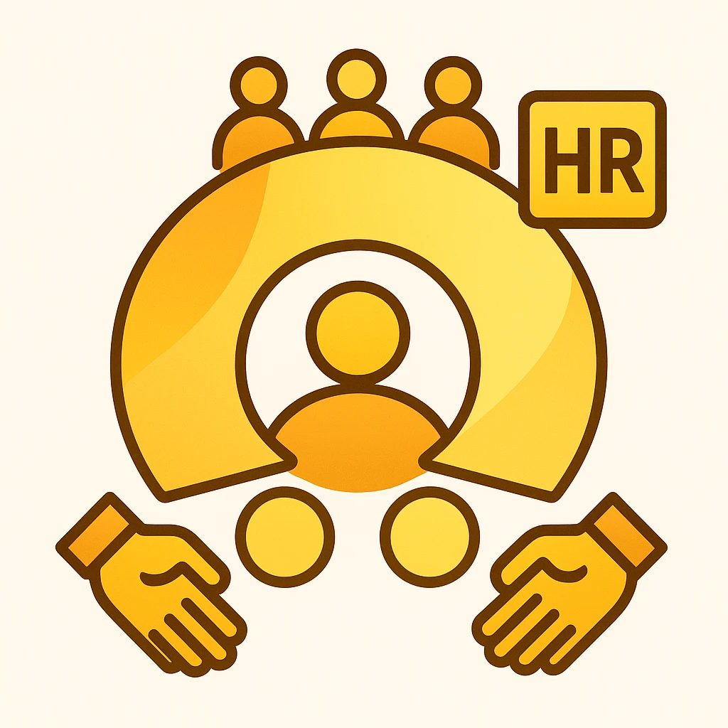 Create a human resource department icon in the style of Volio using the provided reference icon as the central element. Incorporate symbols of people, teamwork, or HR around or within the icon, maintaining a professional and friendly look. The style should reflect Volio's aesthetic while keeping the icon clear and approachable. emoji