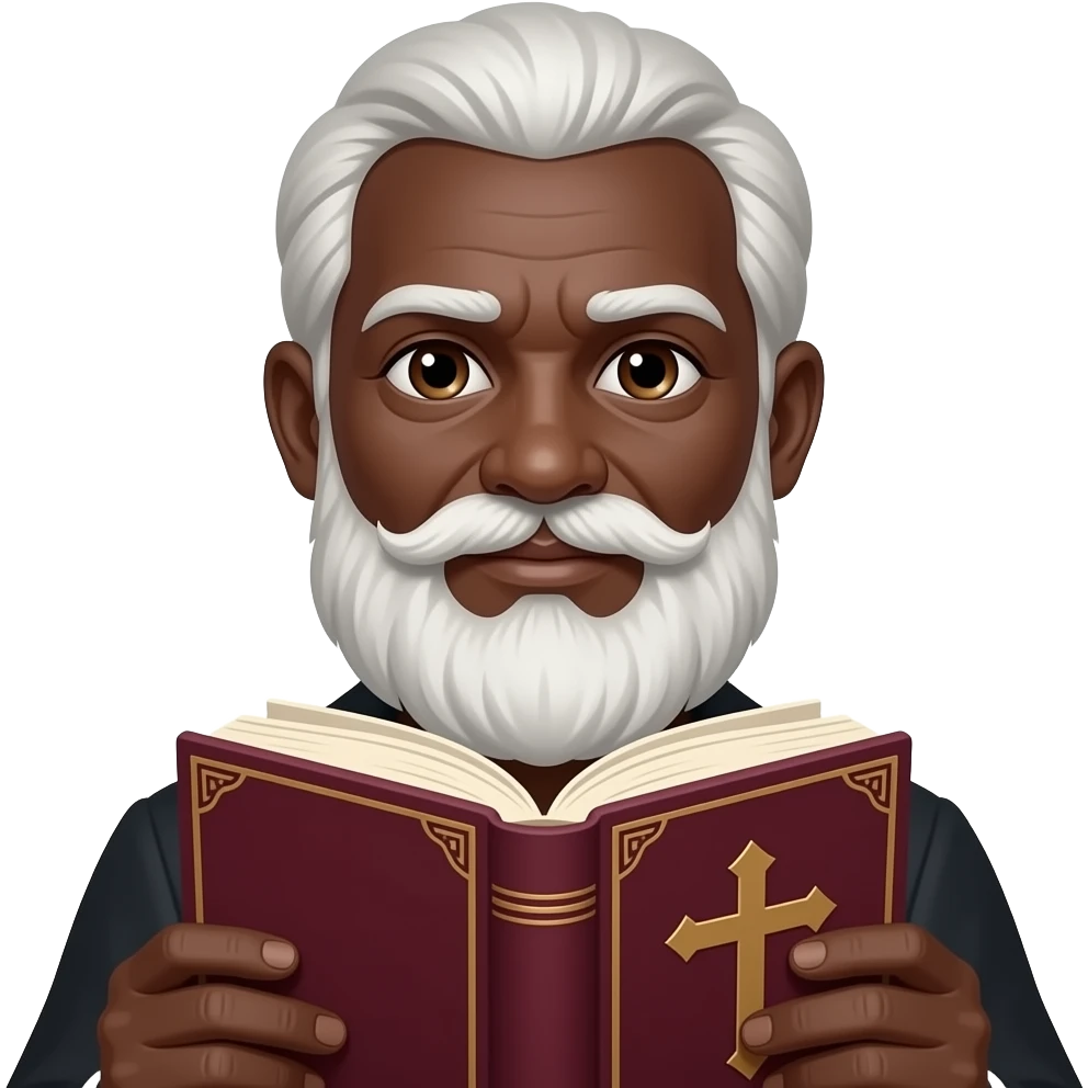 wise old man with greying white hair brown eyes white beard black skin with burgundy book that has a cross on it no circle emoji