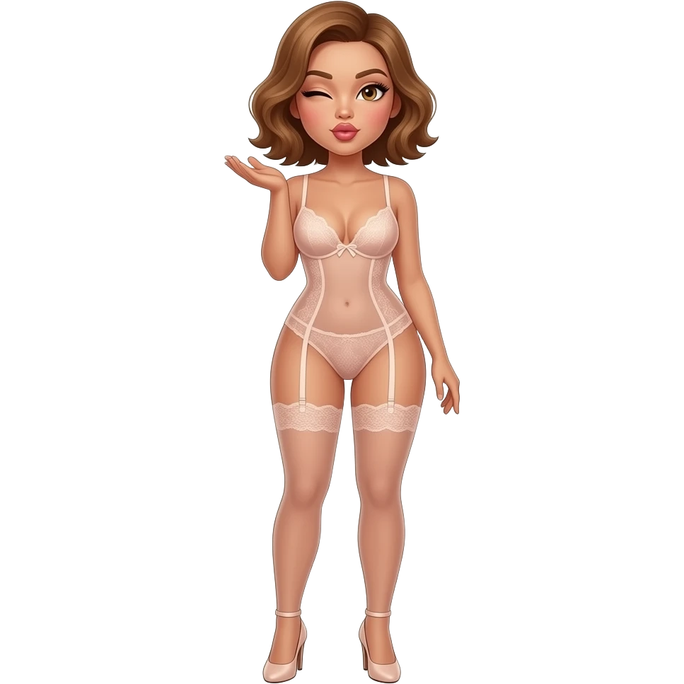 glamours,-tanned,-very-beautiful-woman-with-big-plump-rose-beige-lips,-long-lashes,-honey-silky-very short- hair,-wavy-hair,-hazel-eyes-wearing-nude-lace-lingerie-nude-stilettos-Looks-sexy-winking-blowing-kiss-from-hand-full-body emoji