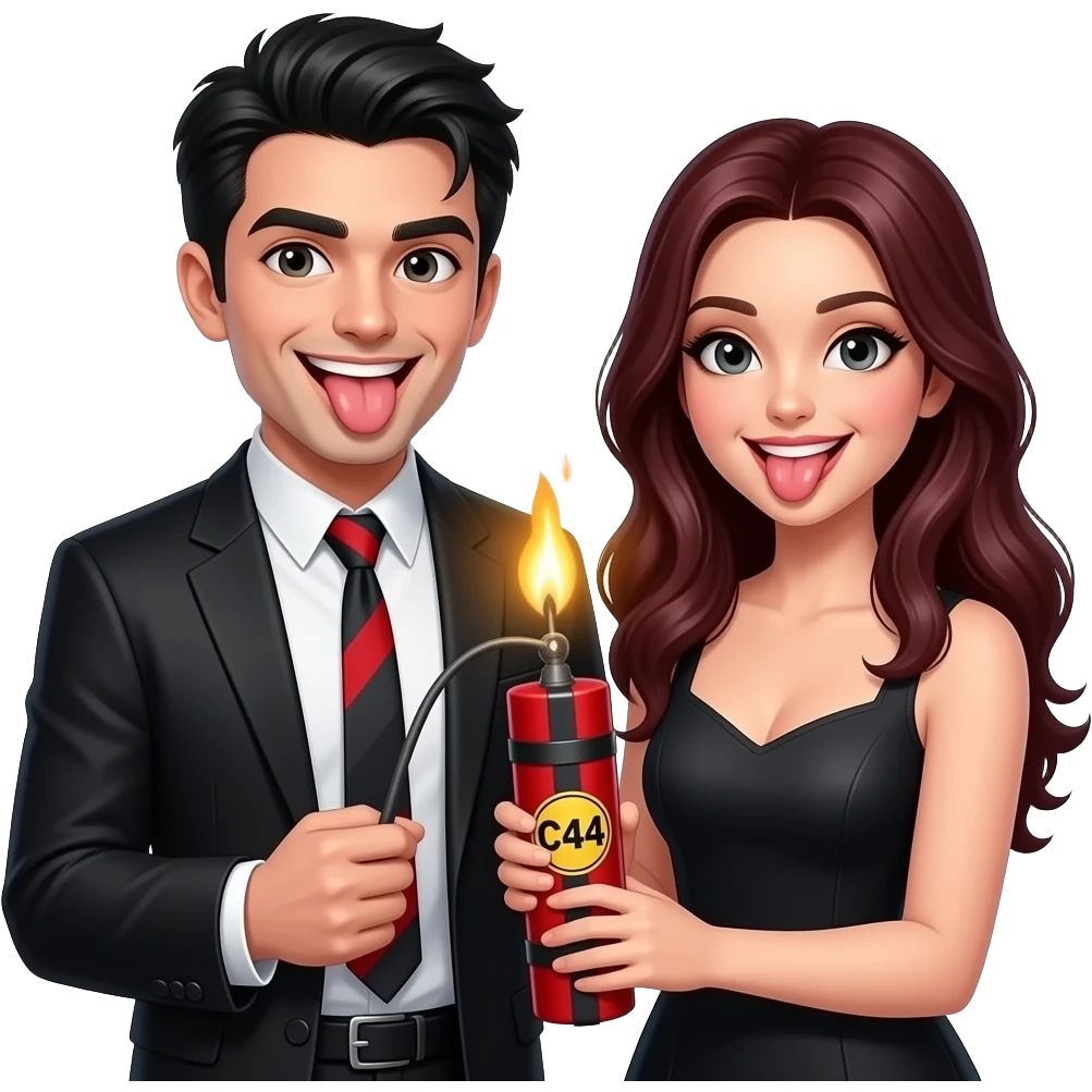 Sexy gothic giy and girl wholding a lit stick of C4 dynamite smile with their tongues out playfully emoji
