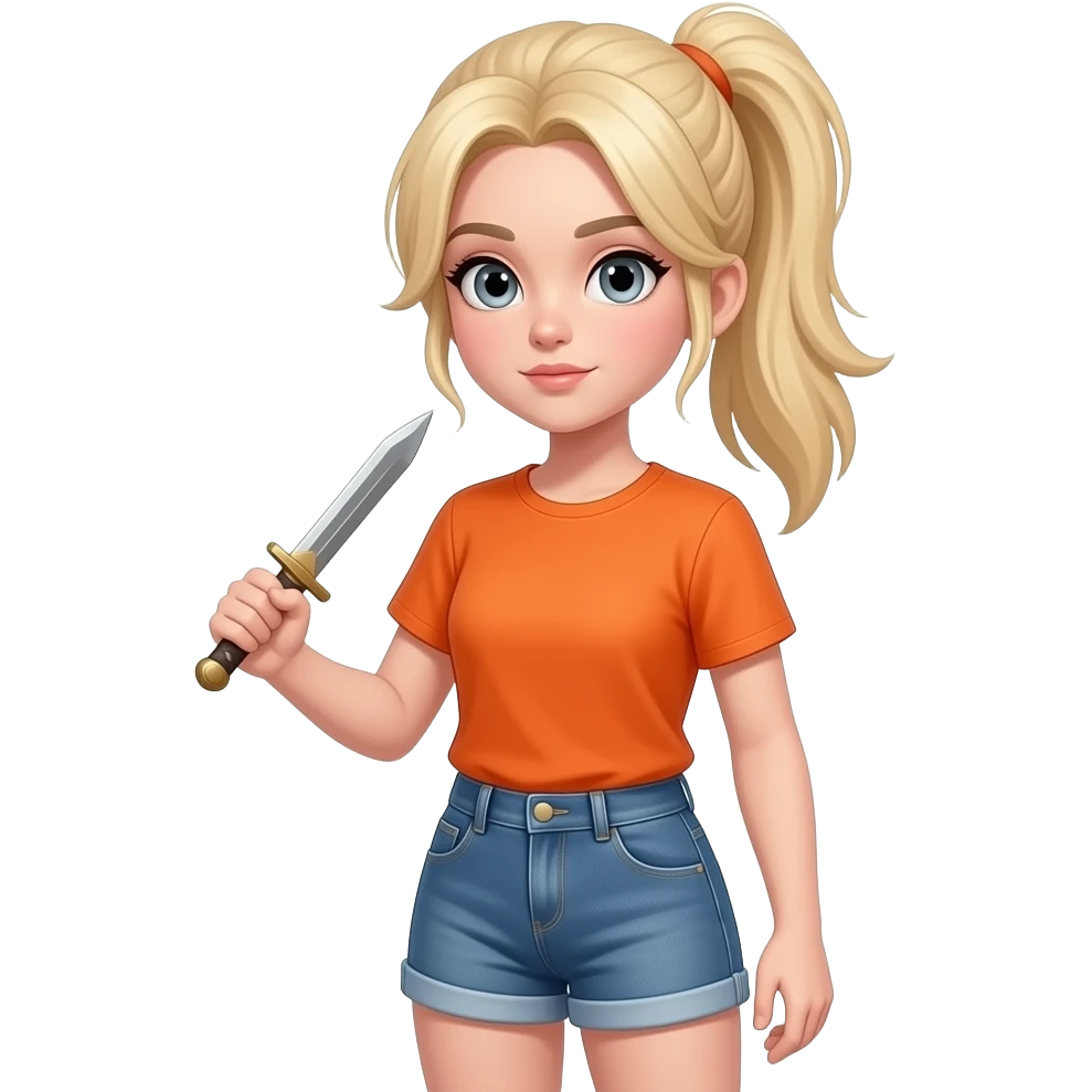 a blonde girl with her light blonde hair in a ponytail falling to her shoulders with two small tendrils of hair framing her face. wearing and orange t-shirt denim shorts holding a dagger she has storm gray eyes emoji