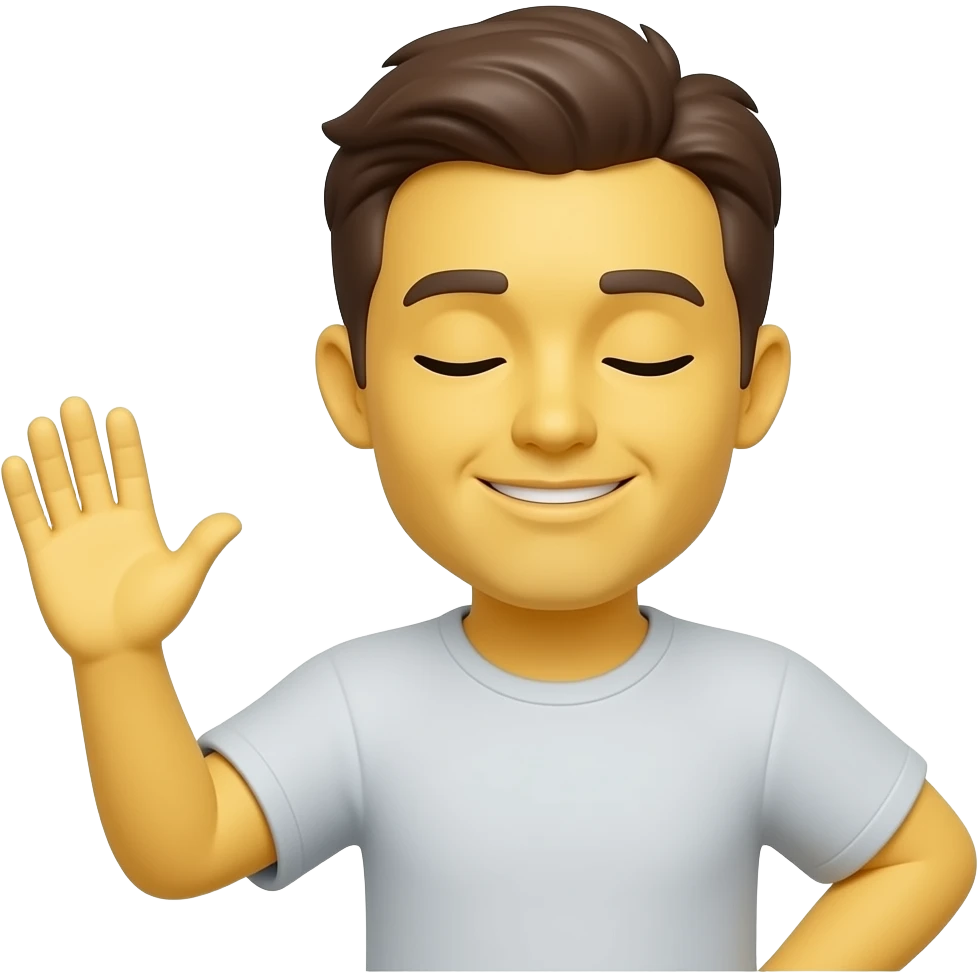 Uncertain shrug emoji, yellow face, closed eyes, slight smile, one hand raised palm up, glossy 3D emoji style emoji