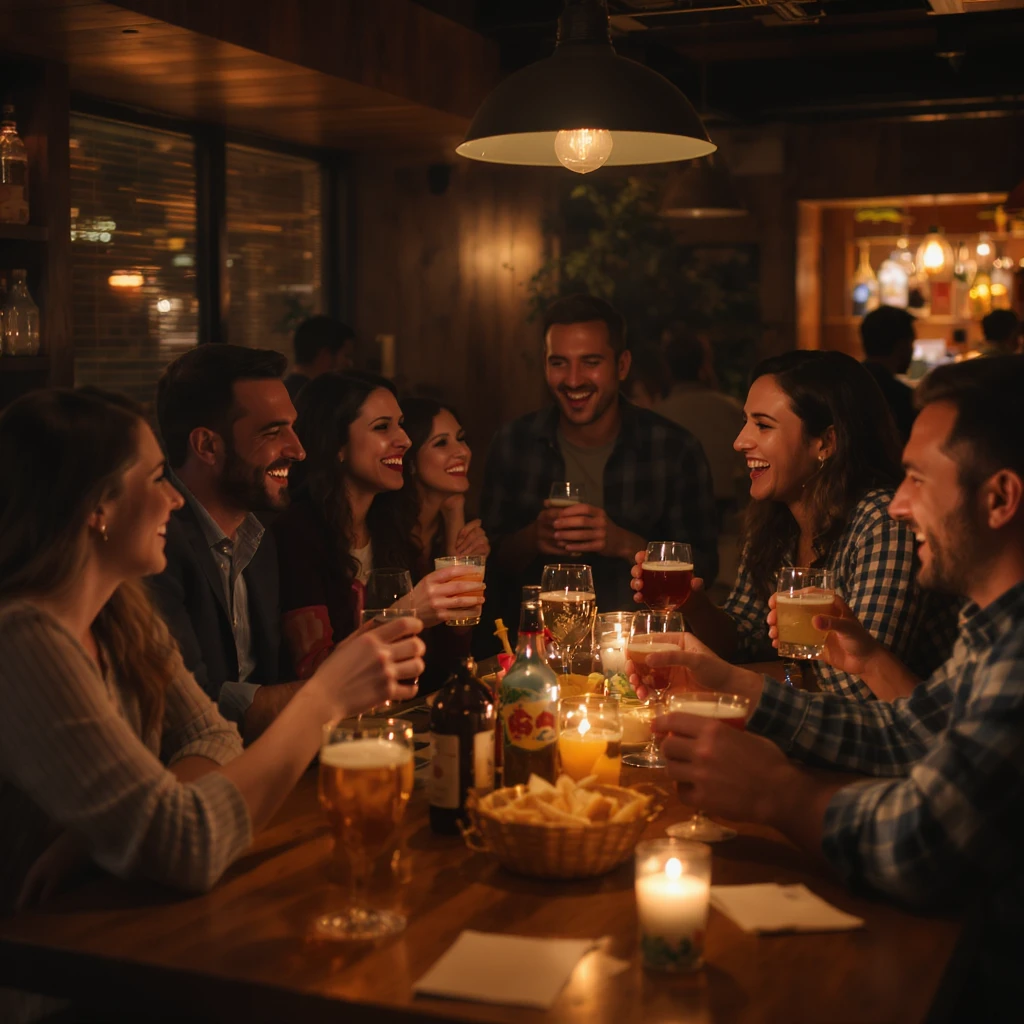 A realistic bar party scene with a diverse group of people socializing, laughing, and holding drinks, set in a cozy bar with warm lighting and wooden decor, 9:16 aspect ratio. emoji