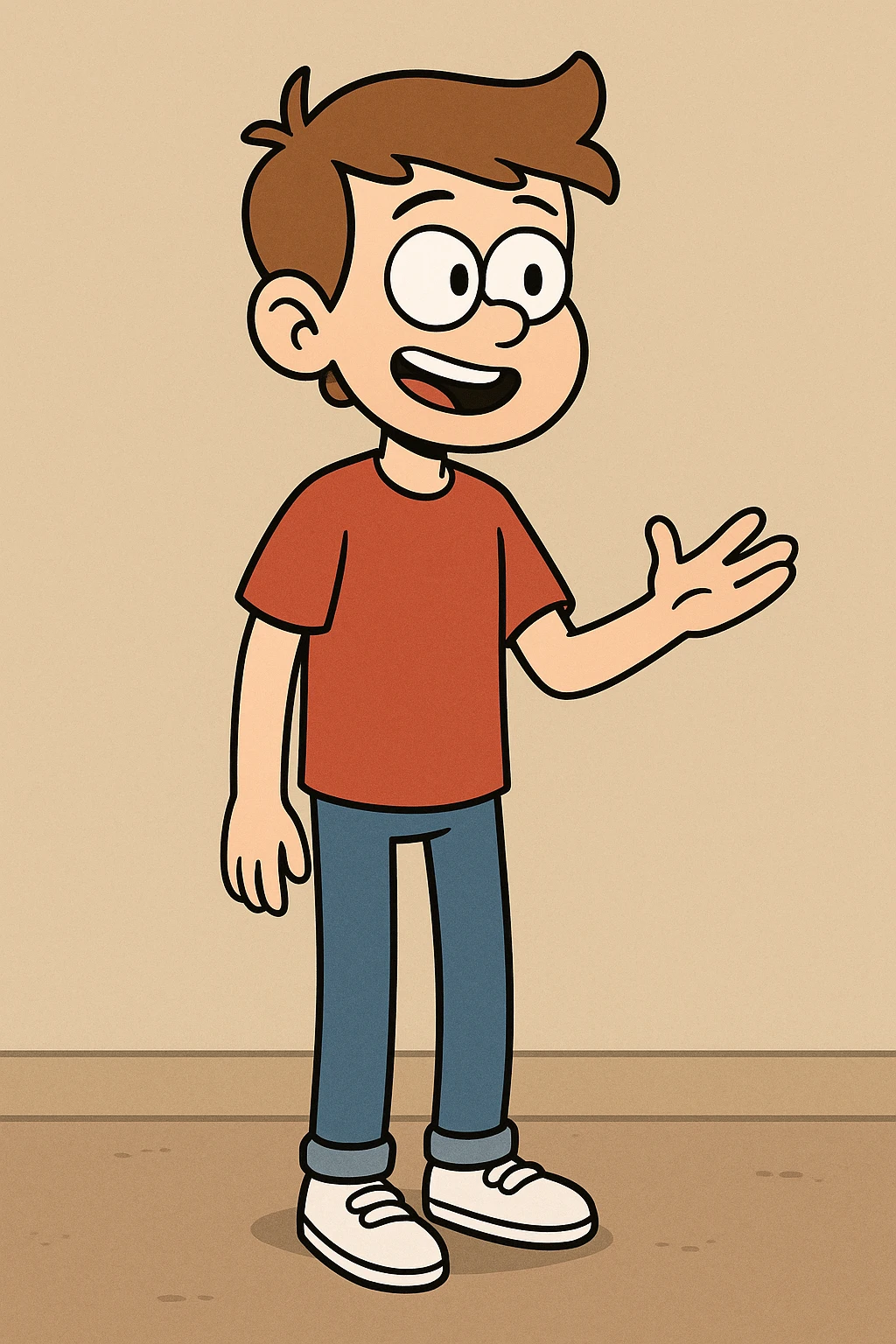 A boy lights brown hair sleeves with Red t-shirts blue jeans white shoes emoji