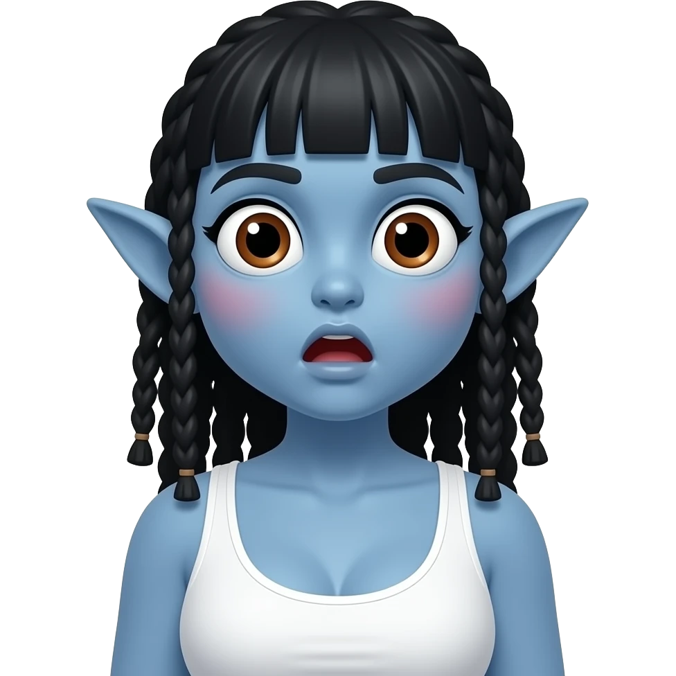 놀란 동공. 커다란 눈. 하얀 동공에 갈색렌즈. 뾰족하고 커다란 귀. 파란색 스킨. 붉은 홍조. 이마 주름은 없고 입은 O모양. 앞머리있는 검정 긴생머리.드레드헤어. 흰색 나시를 입고 큰 가슴 emoji