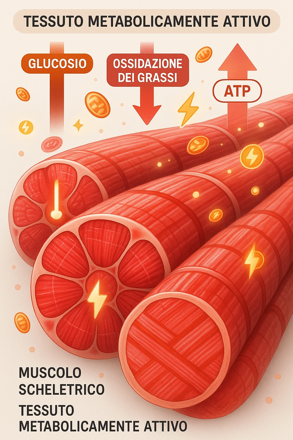 a highly detailed cross-section of human skeletal muscle fibers, shown in vibrant red and pink tones, with visible striations and realistic texture. Glowing arrows and animated icons represent active metabolic processes—such as glucose uptake, fat oxidation, and ATP production—occurring within the muscle tissue. Surrounding the muscle, floating symbols for mitochondria and energy highlight its metabolic activity. The background is clean and clinical, with subtle labels and infographics explaining that muscle is a metabolically active tissue. The overall style is modern, scientific, and visually engaging, suitable for educational or medical use. in italiano emoji