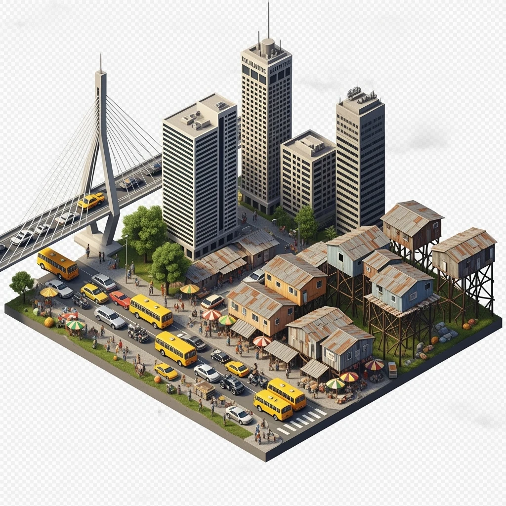 Isometric miniature of Lagos Lekki-Ikoyi Bridge, Eko Atlantic skyscrapers, Makoko slums, tin-roof shacks, chaotic markets, gridlocked traffic, 3D miniature effect and Tilt Shift effect, no cartoonish look, transparent background, don't cut angles emoji