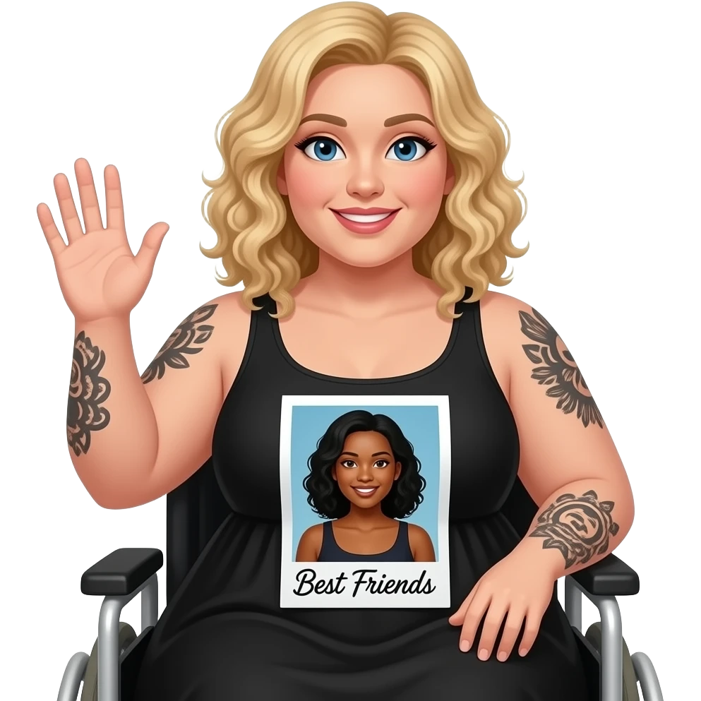 Plus size women waving in wheelchair Blonde curly hair blue eyes black tattoos a black summer dress with a Polaroid photo on dress of herself with best friend who is African American man black hair brown eyes no facial hair saying “Best Friends” in cursive writing emoji