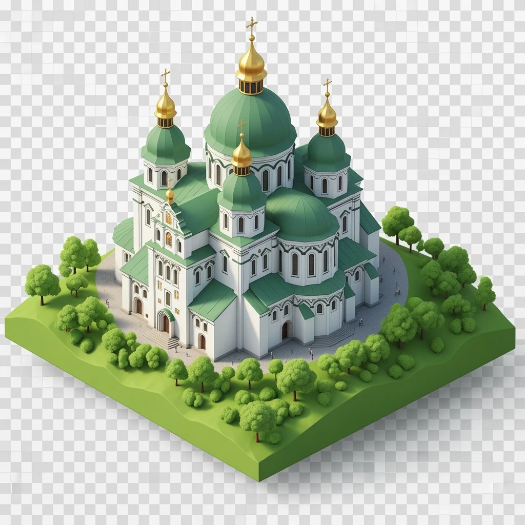 Isometric illustration of photorealistic Saint Sophia Cathedral in Kyiv, balanced between stylized and realistic, 3D miniature effect, transparent background. emoji