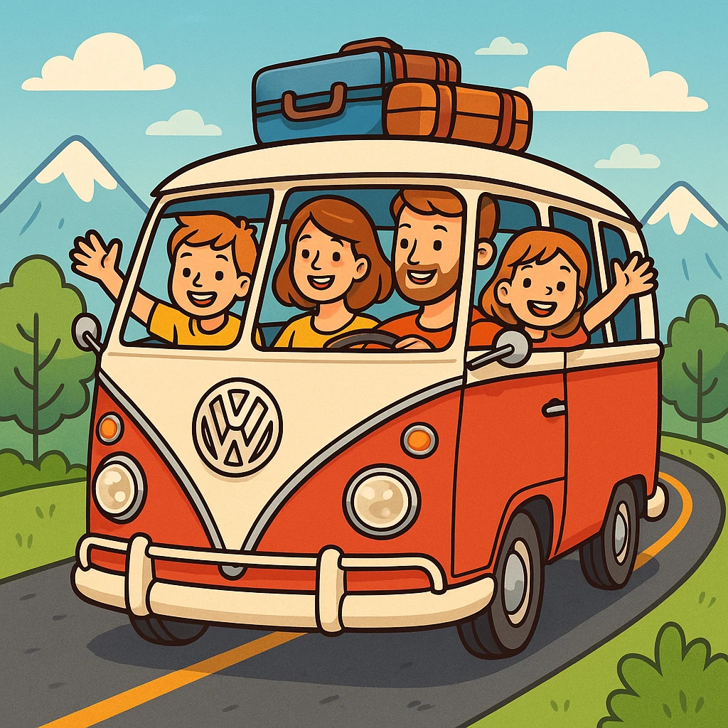 color vector art with thin outline of family on road trip with volkwagon van  emoji