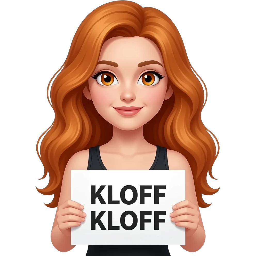 sexy girl with long wavy ginger hair and ginger eyes wearing a black tanktop is holding a white sign with KLOPF KLOPF written on it emoji