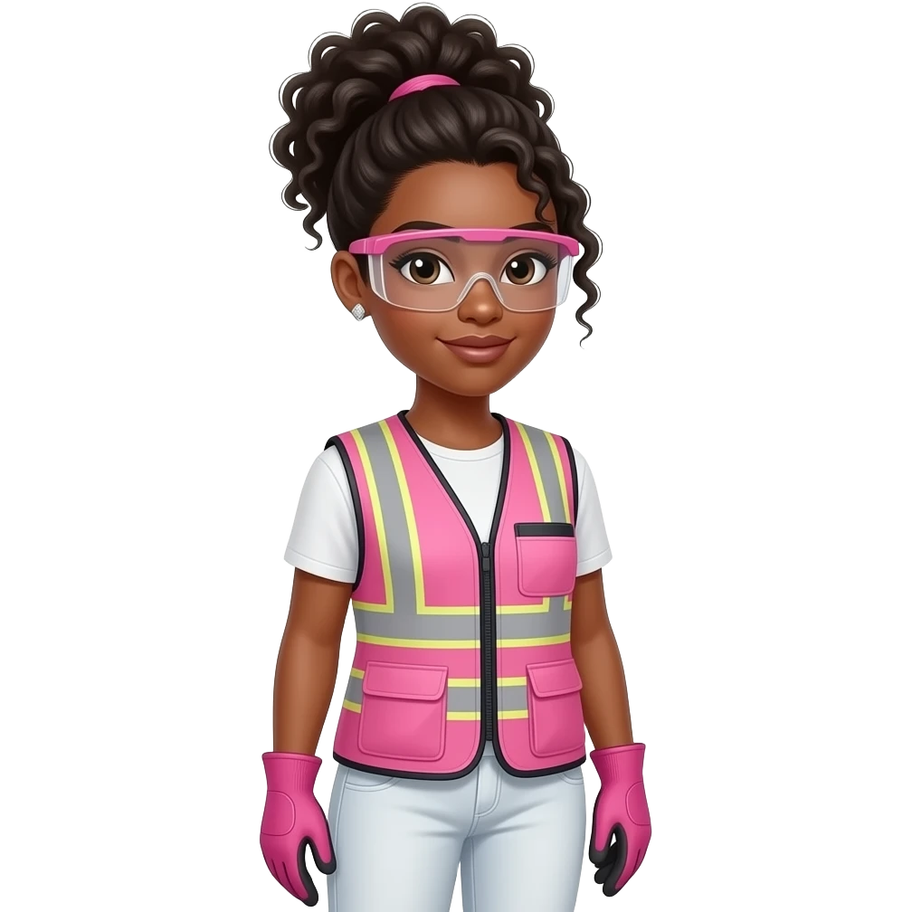 African American woman with brown eyes with black curly fro bun ponytail wearing diamond earrings wearing pink and clear safety glasses wearing a pink construction vest wearing white pans wearing pink construction vest wearing white pants wearing pink construction gloves emoji