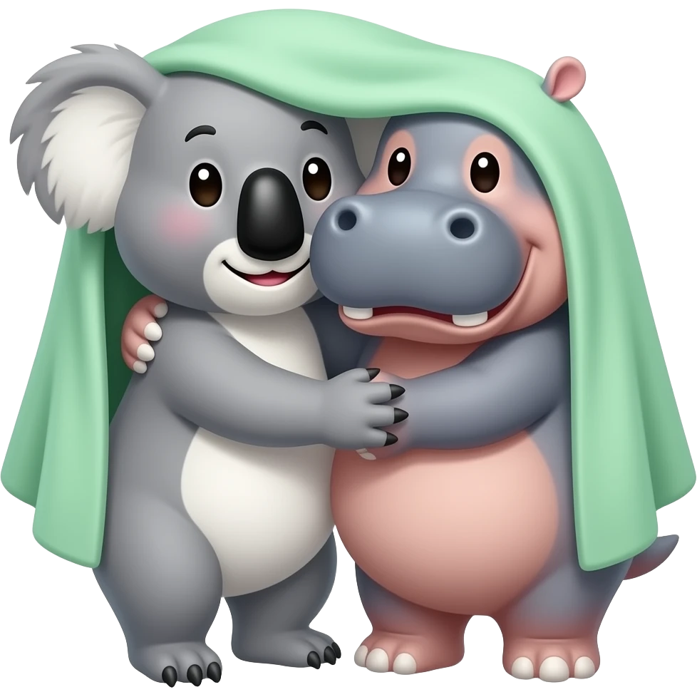 koala and hippo hugging under light green towel emoji