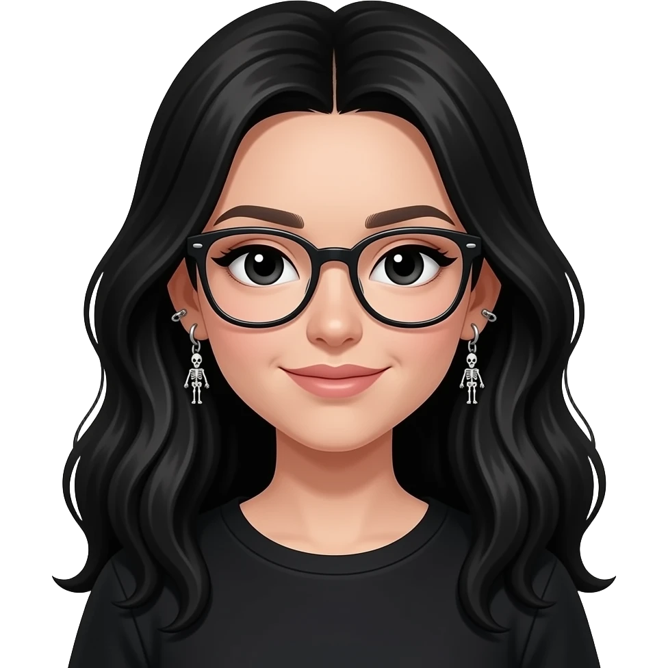 girl in black, long hair with volume , black eyes with small eye liner, with chain piercing earrings from helix to lobes (that has skeletons looking like crossing) and glasses emoji
