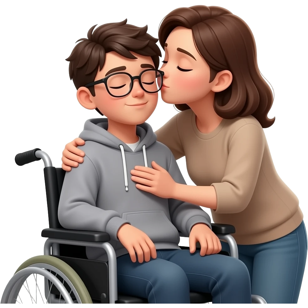 "3D Disney style: A teen boy with glasses and a grey hoodie sitting in a wheelchair, eyes closed peacefully. His mother is hugging him and kissing his forehead. Warm lighting, emotional atmosphere, high detail, solid soft background." emoji