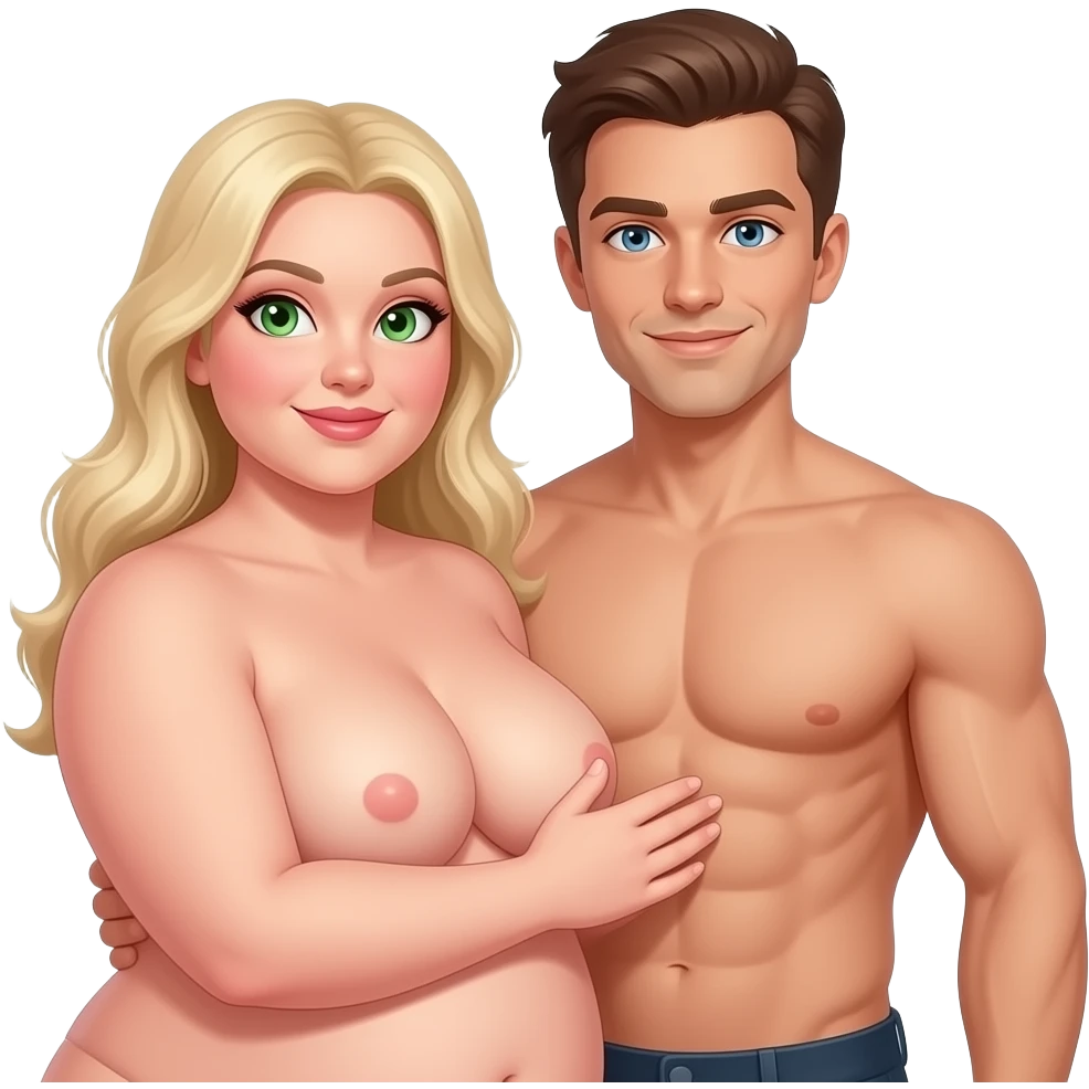 A heavy set naked white woman with blond hair and green eyes holding a naked white male with brown hair and blue eyes no mucles emoji