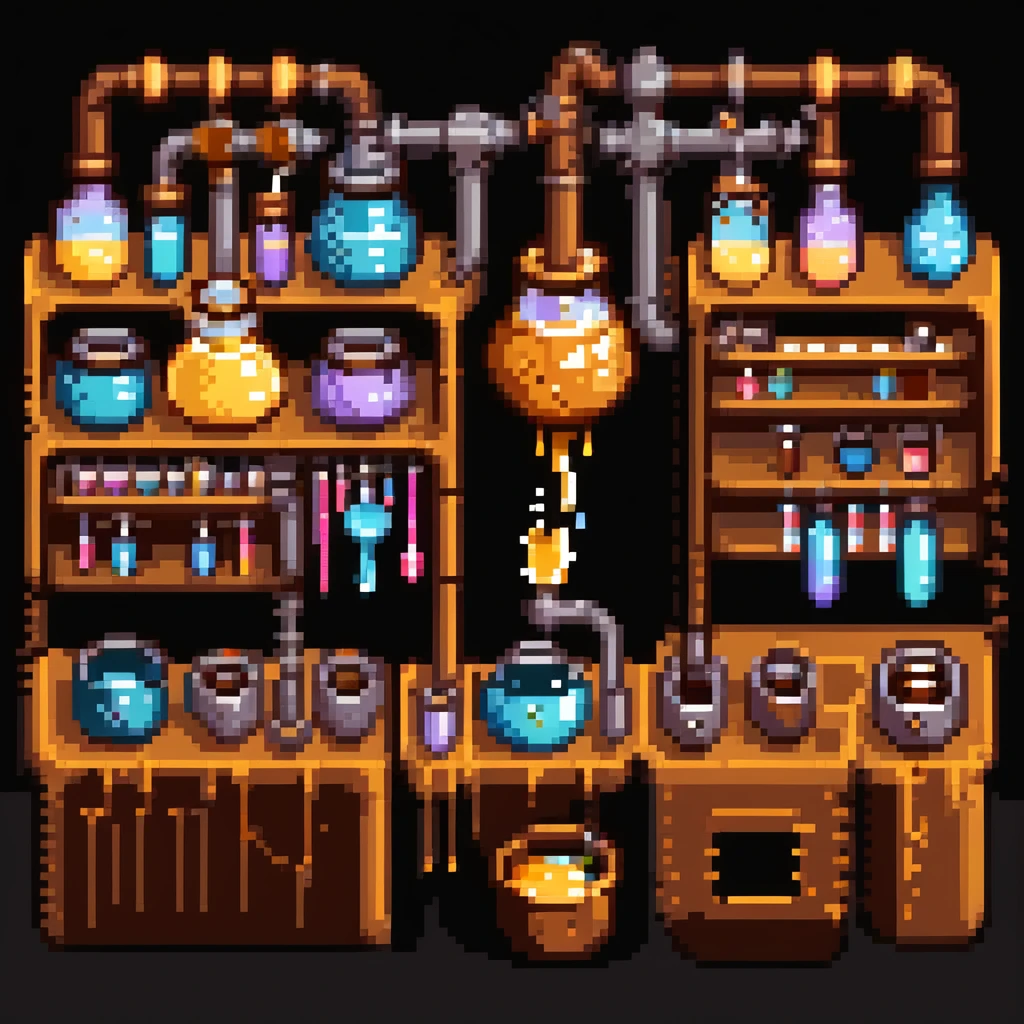 Ein Bäcker mit einem Labor aus Zuckerglas, Karamellrohren und Honigflüssigkeiten. Die Umgebung wirkt wie ein süßes Steampunk-Labor. Interface-Elemente imitieren klebrige Texturen, mit tropfenden Effekten und glänzenden Bonbonfarben emoji
