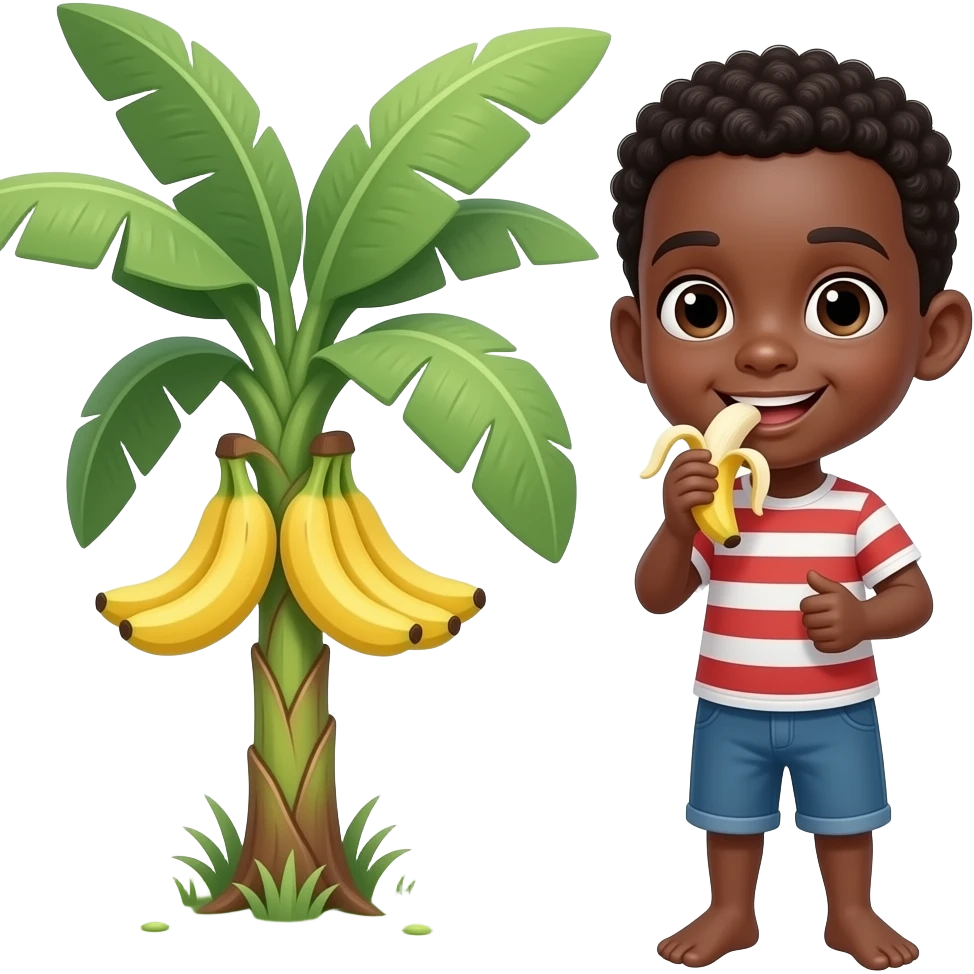 Un garçon noir sur un bananier et il mange des banane emoji
