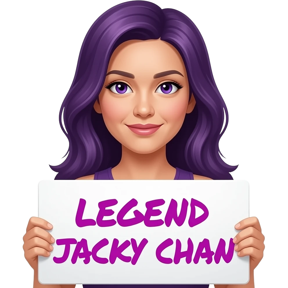 sexy girl with long purple hair and purple eyes holding LEGEND JACKY CHAN sign emoji
