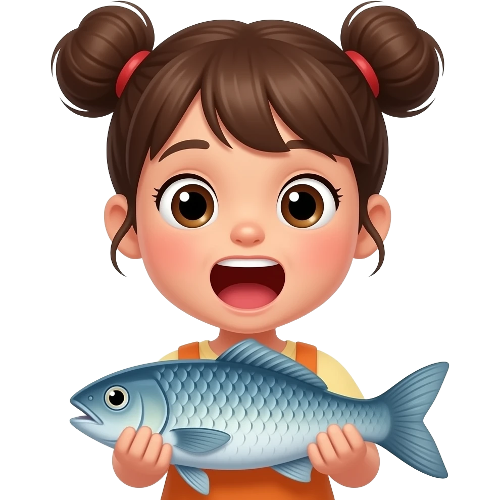 a girl kid with circular pony tails screaming holding a fish scared emoji