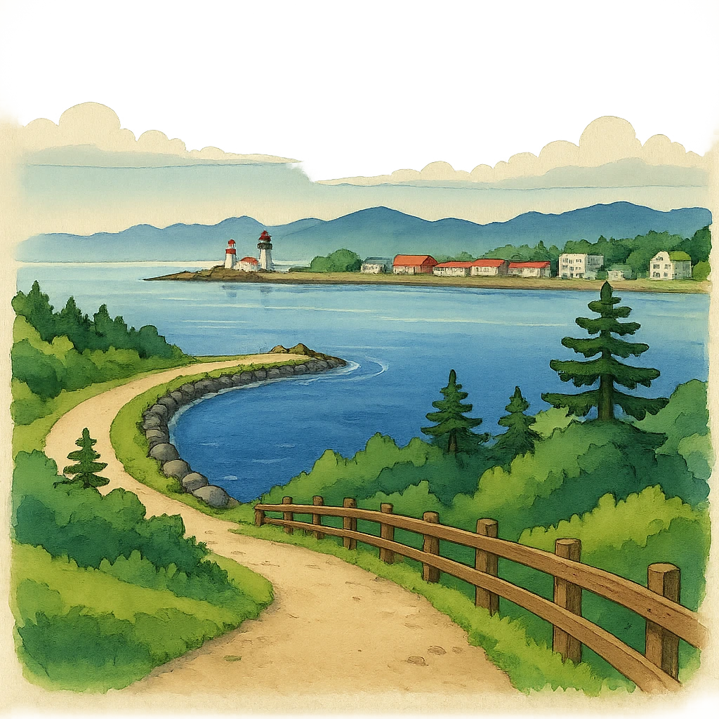 Edit the image to depict Port Angeles waterfront with trail in Ghibli style, no frame, transparent background. emoji