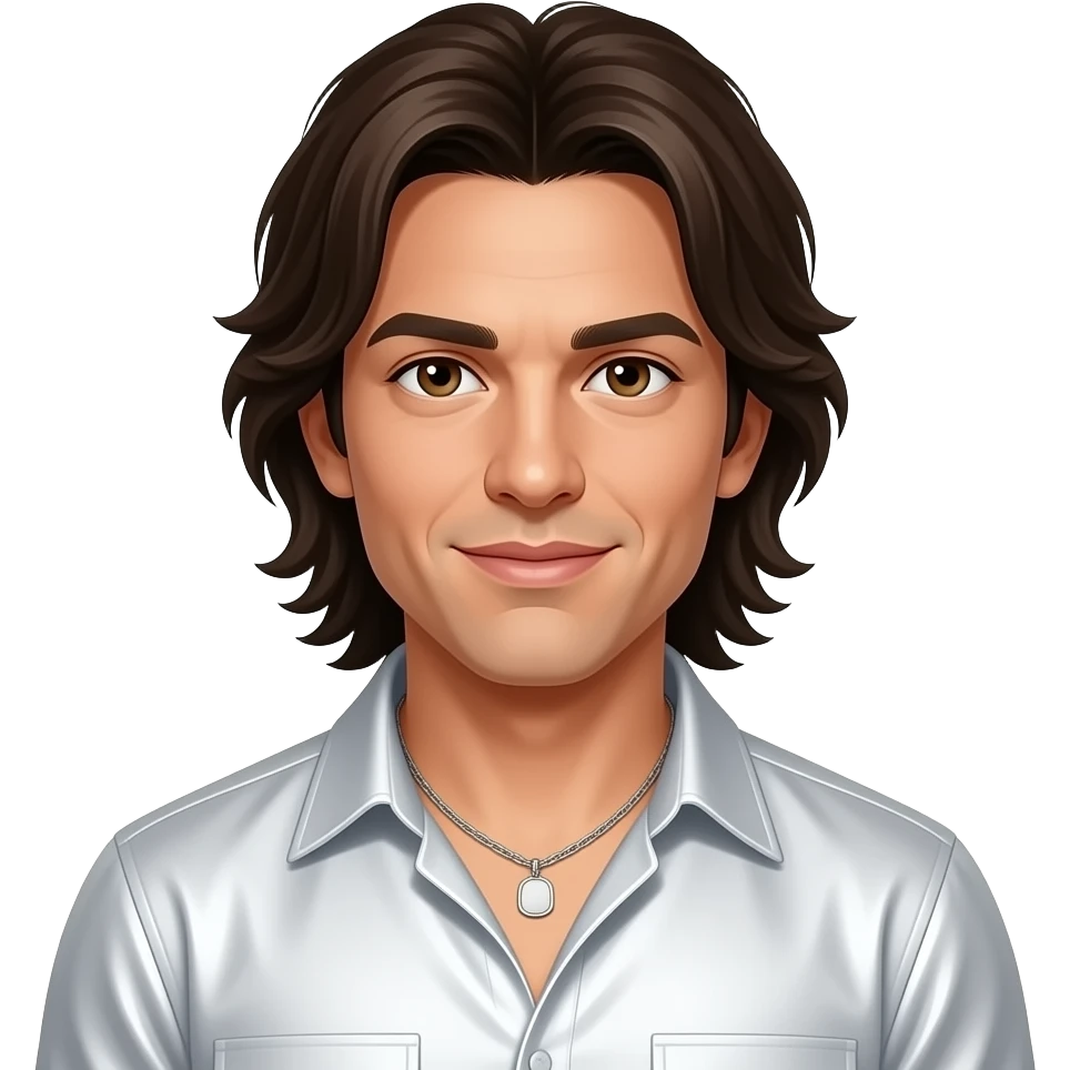 Howie Dorough with brown eyes, long dark brown hair, white metallic shirt, silver necklace emoji