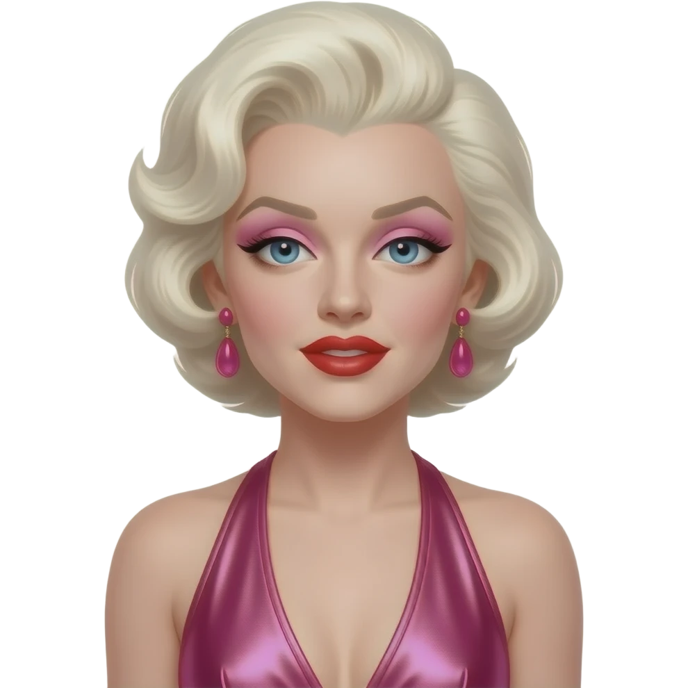 Marilyn Monroe with blue eyes, white-blonde hair, pink eyeshadow, red lipstick, hot pink metallic halter dress, earrings emoji
