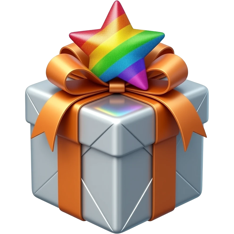 Hyperrealism wrapped gift, with a realistic, ultra detailed, holographic glitter rainbow star! emoji