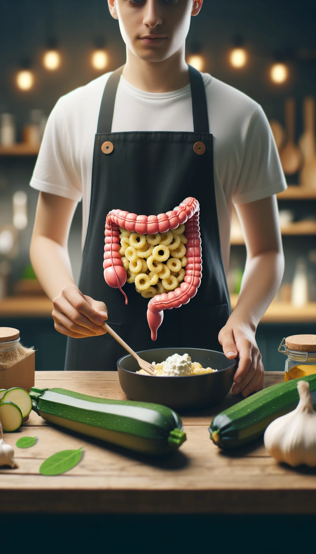 corpo umano con capelli corti con grembiule nero che cucina una ricetta con zucchine, gnocchi e ricotta, intestino realistico in evidenza, cucina sfocata sullo sfondo emoji