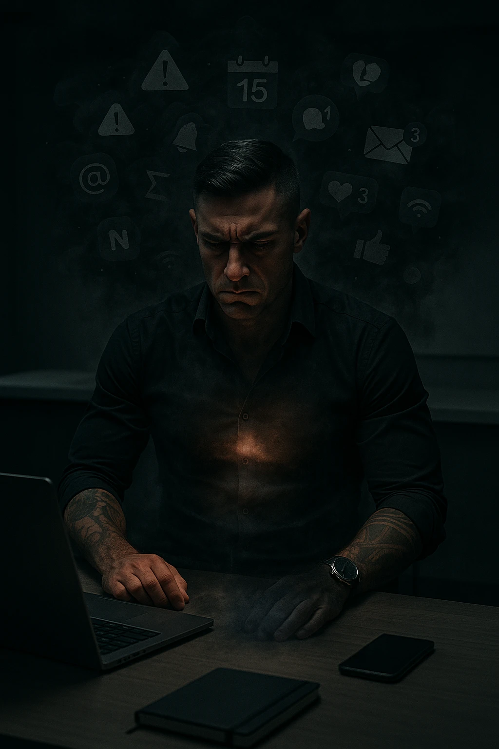 A highly realistic, cinematic image of a young man in his early 30s, sitting at a modern office desk under harsh artificial lighting, shoulders hunched, jaw clenched, and breathing shallowly, symbolizing how modern society forces people to live in a state of chronic tension and restricted breathing. Around him, faint black and grey visual elements represent notifications, deadlines, social media icons, and news alerts, swirling around his head like a chaotic storm, symbolizing societal pressure. His chest appears visually tight and compressed, and faint dark smoke emanates from his body, representing blocked breath and internalized stress. In contrast, a faint glowing light near his chest and abdomen tries to expand, symbolizing the innate desire of the body to breathe freely and deeply. The environment is cold and minimalistic, with a sense of stillness and tension, captured in a hyperrealistic 35mm film style with muted colors, focusing on the man's tense posture and restricted breathing to reflect the unseen burden of modern living. in italiano emoji