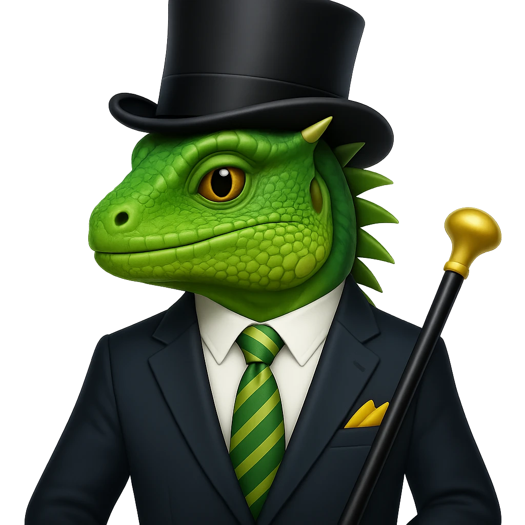 Add a top hat and cane to the iguana in a business suit with a tie in the style of apple emojis. Keep the apple emoji style consistent with the original image. emoji