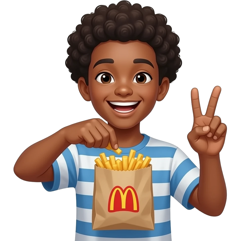 Black emoji teen with Afro laughing while putting the fries in the bag while holding peace sign emoji