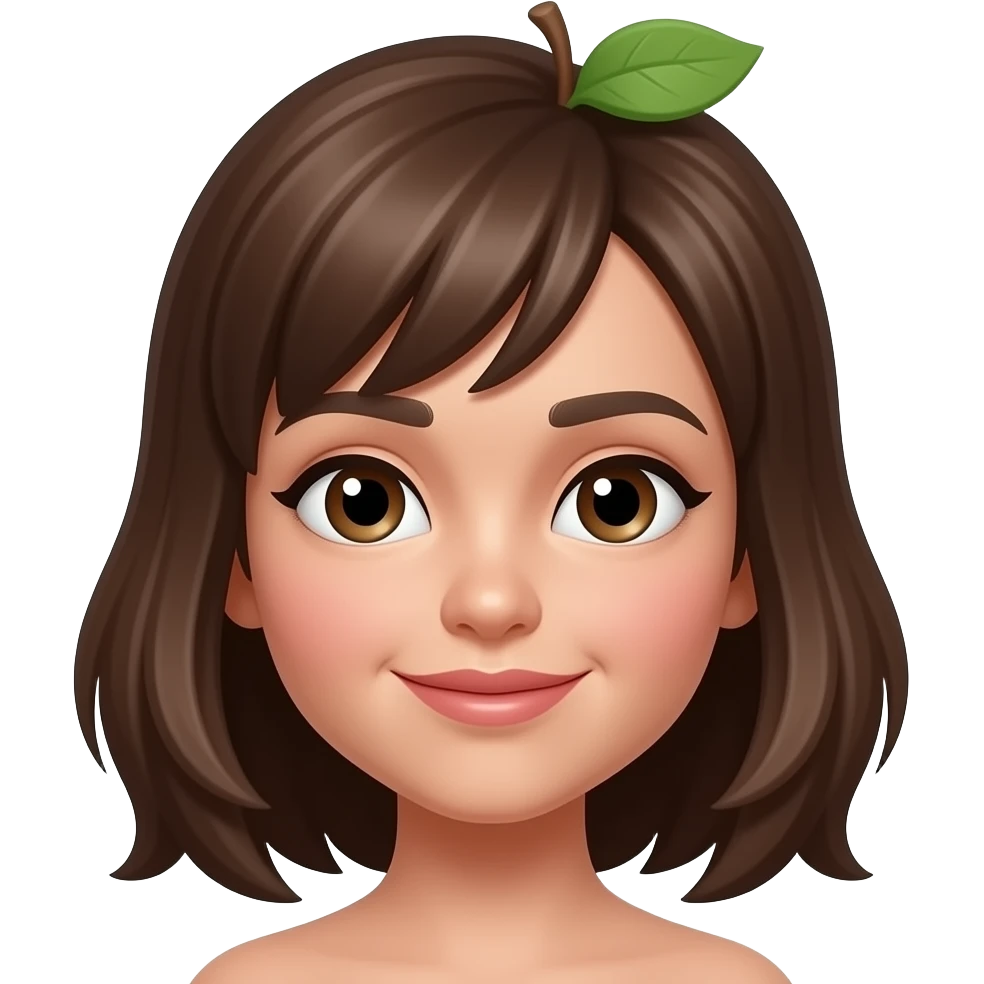 A brunette girl with hair on shoulders with side curtain bangs and a bit dark skin/tanned and is based on an apple emoji emoji