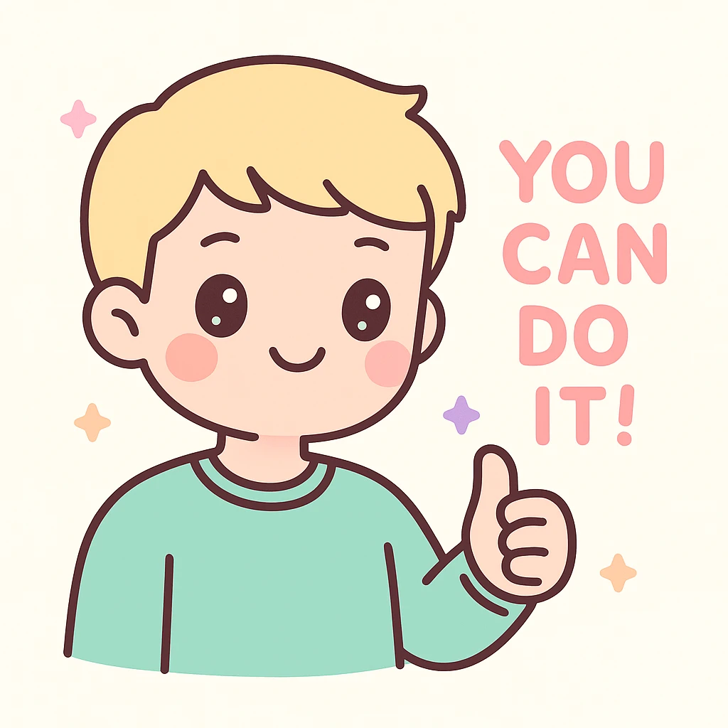 young blond man with short hair giving encouragement, kawaii style, cute and positive expression emoji