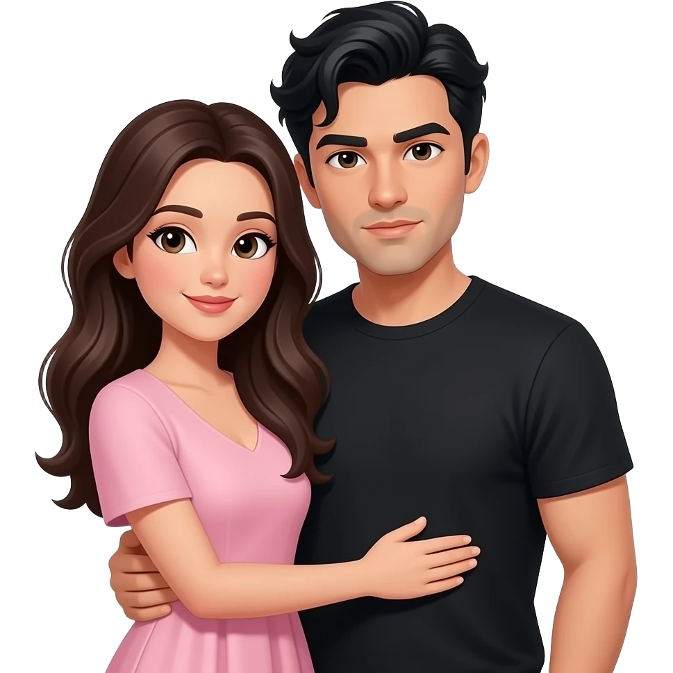 Eu e meu marido. Estou usando um vestido na cor rosa claro, tenho cabelos longos na cor castanho escuro. Meu marido tem cabelo preto e usa camiseta preta. Ele está me abraçando. Ele tem cabelo ondulado. Deixe o rosto dele sério emoji