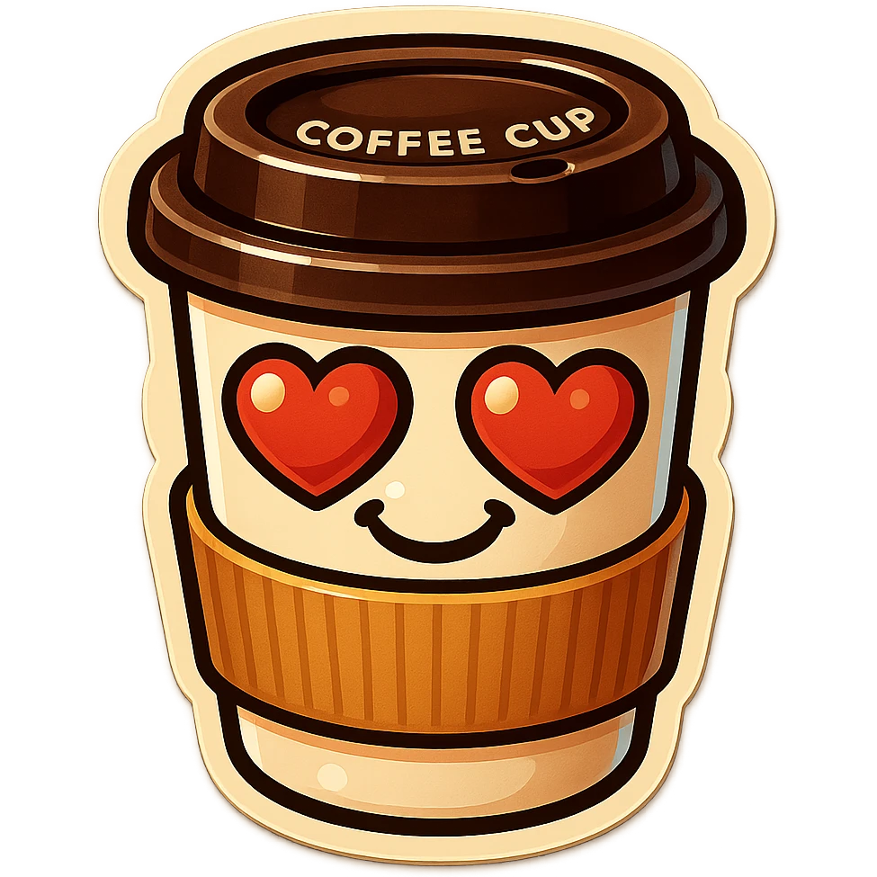 Ink wash style, coffee cup creature, big heart eyes, dopey smile emoji