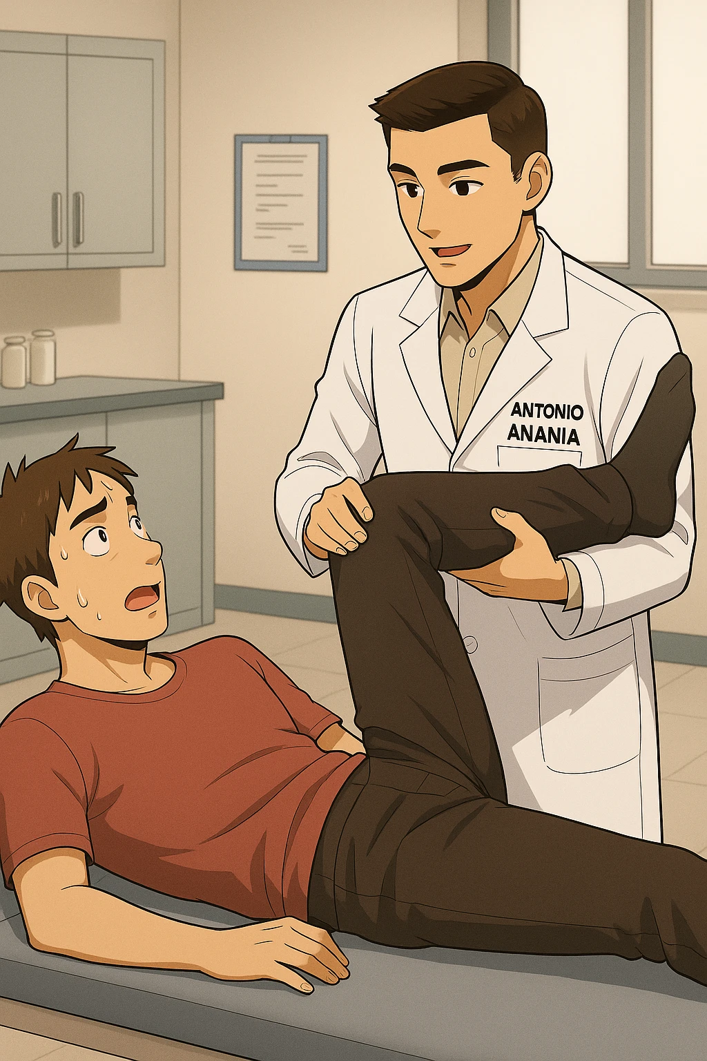 fai un webtoon manga a colori con questo stile, in cui un uomo è steso sul lettino medico e il kinesiologo con il camice bianco (fagli anche la scritta "ANTONIO ANANIA" SUL CAMICE, gli solleva una gamba per fargli il test neuromuscolare, IL KINESIOLOGO SPIEGA ALL'UOMO UNA cosa mentre gli alza la gamba. non fare i fumetti però, fai solo in modo che sembri stiano parlando emoji