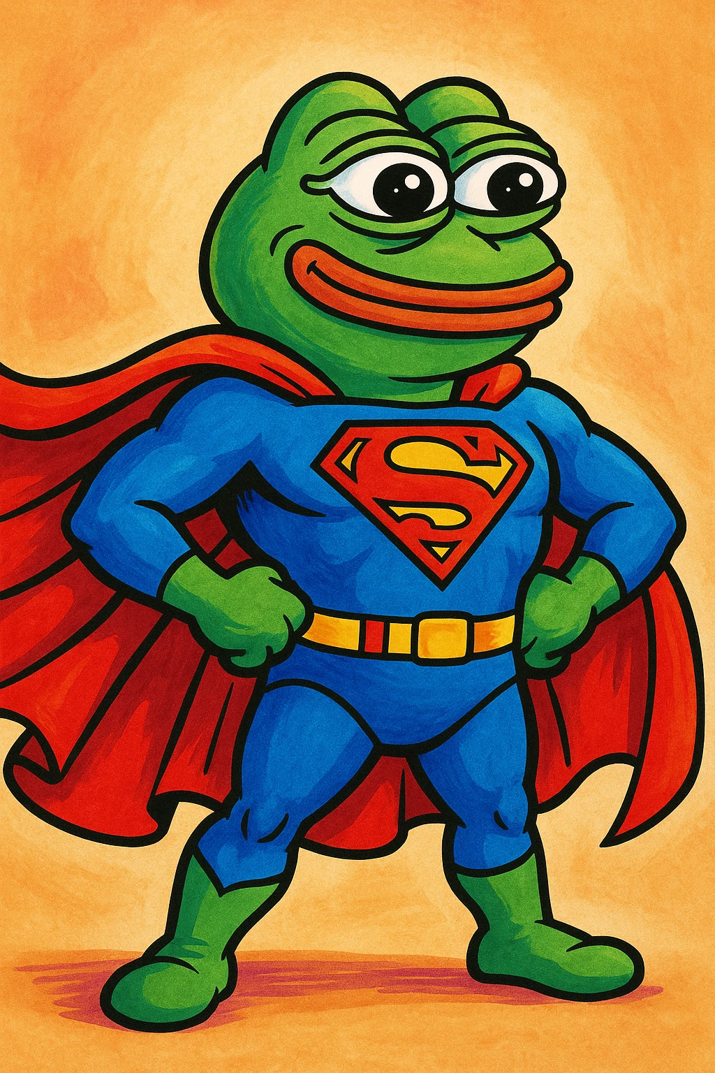 Pepe the Frog as a superhero with cape emoji