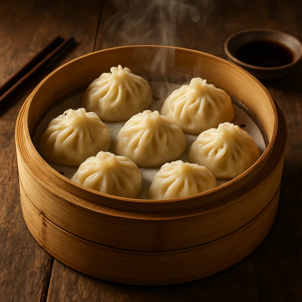 a bamboo steamer with dumplings, Chinese food emoji