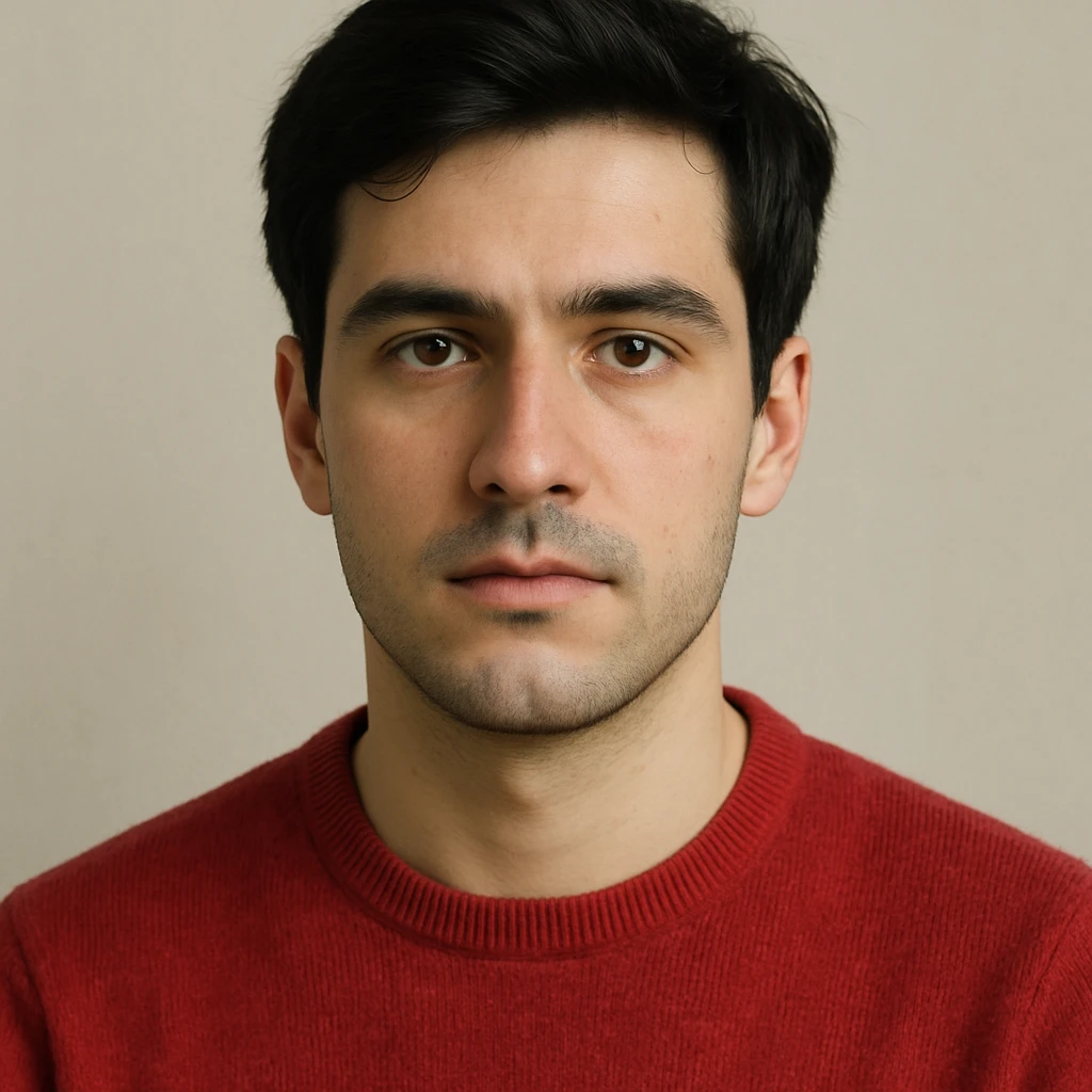 a guy with a red sweater, brown eyes, and black hair, realistic style, upper body, plain background emoji