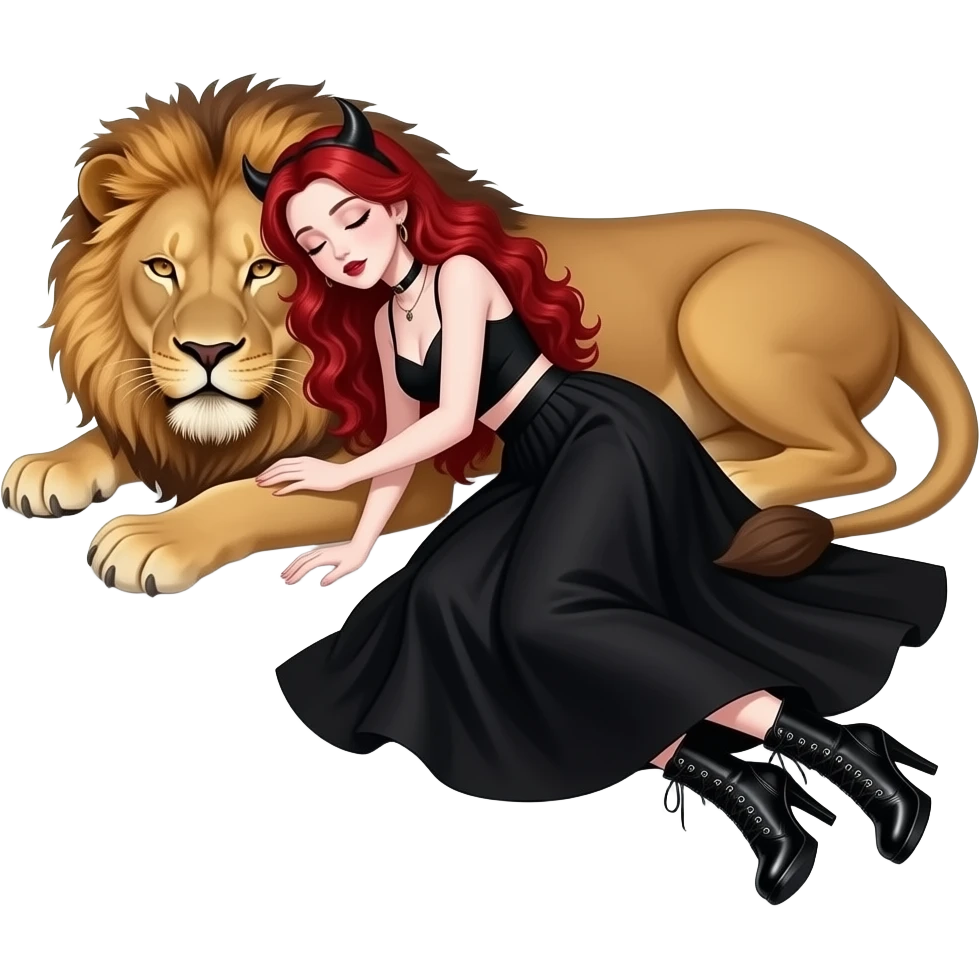 Vampiro adolescente femmina con pelle bianca e capelli rosso ondulati lunghi che indossa una gonna lunga nera e un top-canottiera nera e degli stivali lunghi neri con tacco e che dorme insieme ad un leone emoji