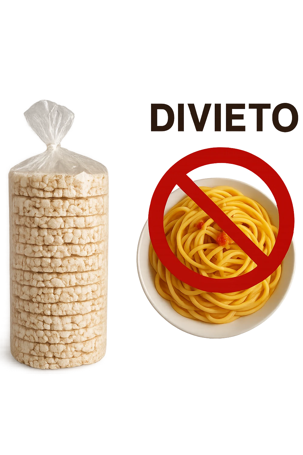 confezione di gallette di riso con accanto un piatto di pasta con divieto sopra, in italiano,  realistici emoji
