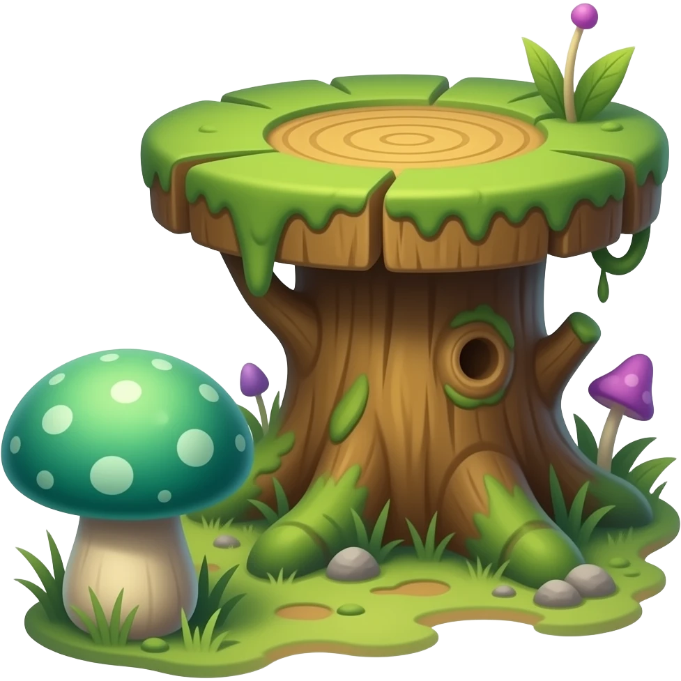 One low mushroom stool for sitting. One separate taller tree stump table next to it. Botanical fantasy, emerald green, amber, subtle violet accents. emoji