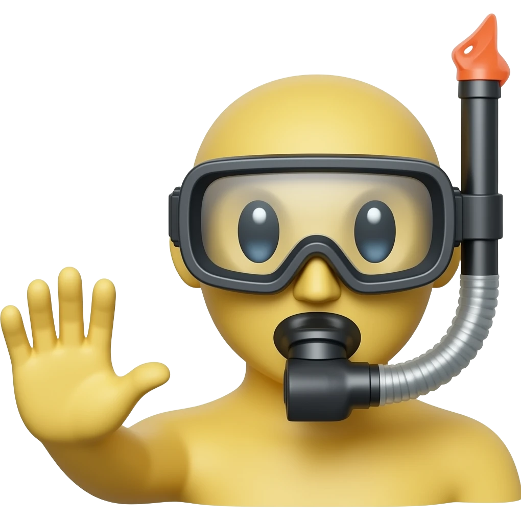 A regular yellow circle face emoji but it has scuba goggles and snorkeling gear on its face only the face and it has a handout placed horizontally, like reaching out for a handshake But with only one hand and it’s in a waving motion emoji