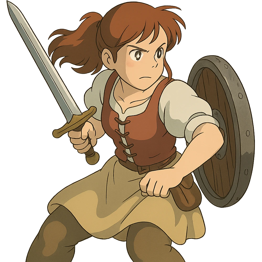 a warrior maiden with a sword and shield, common tavern clothing, eye gleam, defense stance, repose emoji
