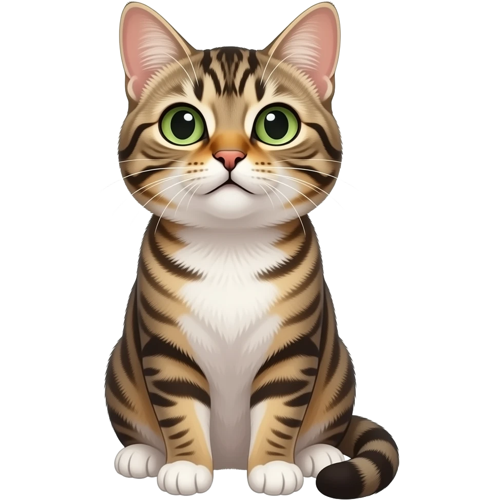 small tabby cat with green eyes, white chest, and white paws, sitting upright and looking up emoji