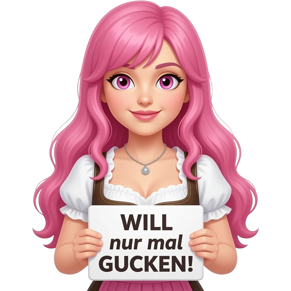 sexy girl with long pink hair and pink eyes wearing a dirndl holding a WILL nur mal GUCKEN! sign emoji